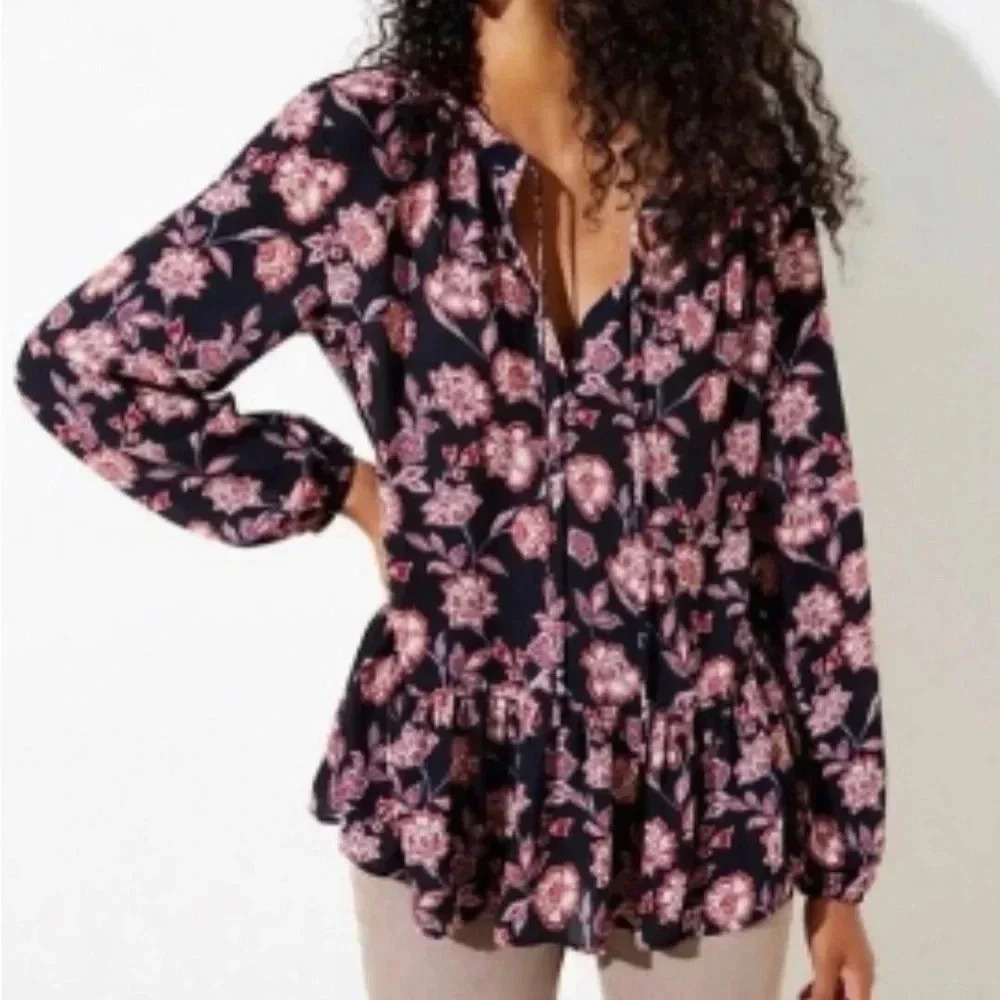 LOFT Garden Floral peplum waist,keyhole tie neck flounce top, long sleeve, navy